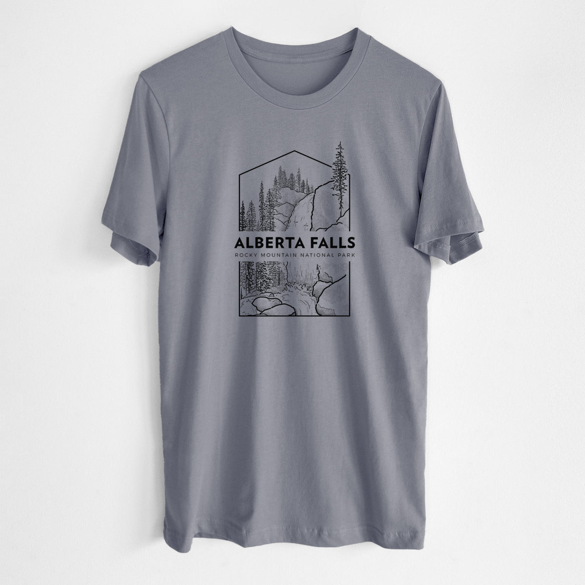Storm grey lightweight cotton t-shirt laid flat, printed with a black line art badge of Alberta Falls with pine trees, with the words Alberta Falls, Rocky Mountain National Park.