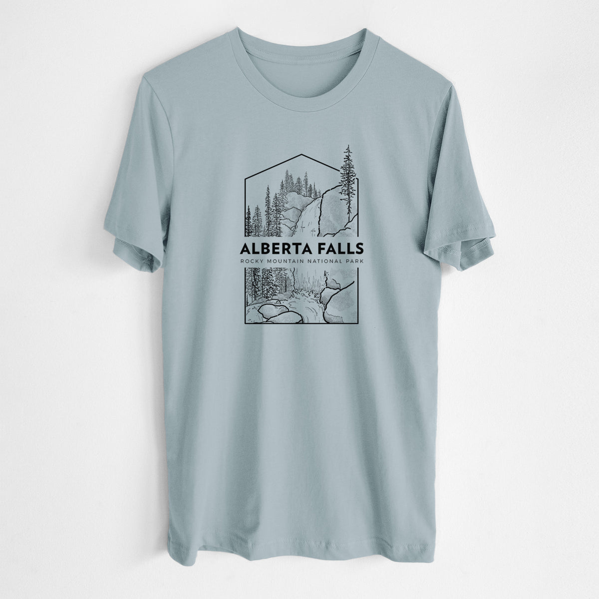 Vintage denim lightweight cotton t-shirt laid flat, printed with a black line art badge of Alberta Falls with pine trees, with the words Alberta Falls, Rocky Mountain National Park.