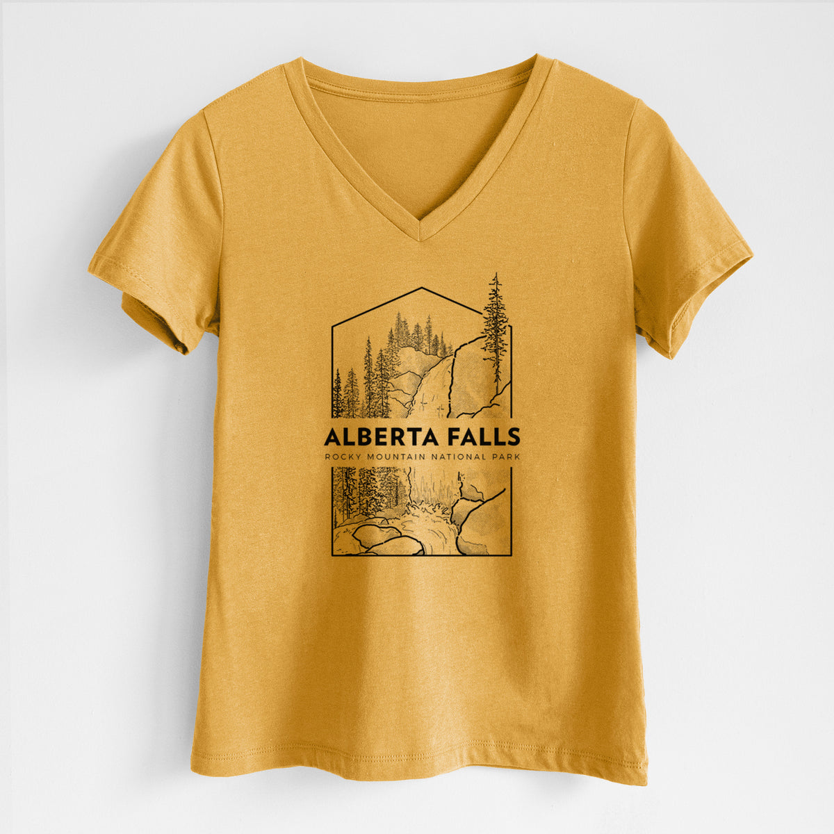 Honeycomb yellow women's relaxed fit cotton V-neck t-shirt laid flat, printed with a black line art badge of Alberta Falls with pine trees, with the words Alberta Falls, Rocky Mountain National Park.
