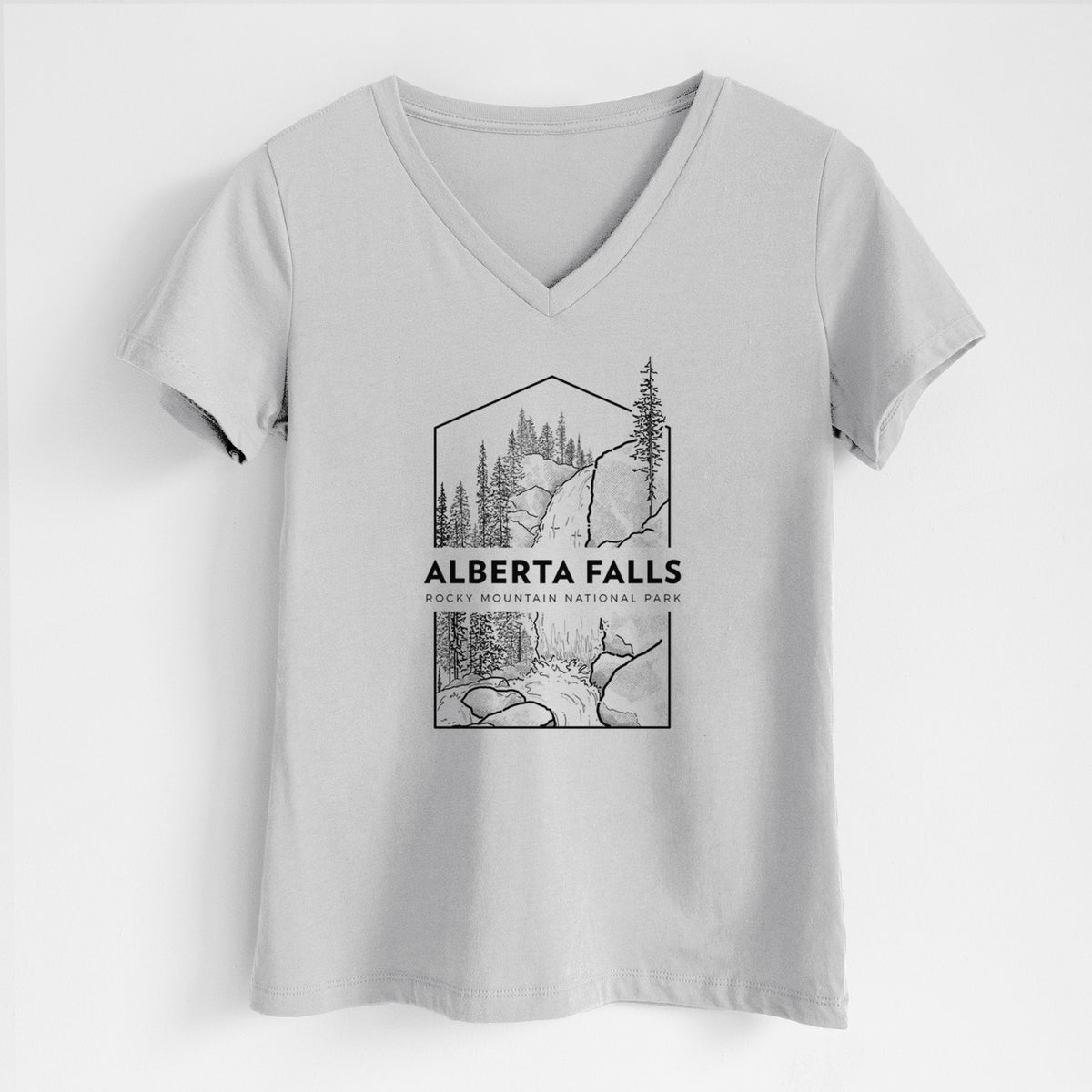 Lunar grey women's relaxed fit cotton V-neck t-shirt laid flat, printed with a black line art badge of Alberta Falls with pine trees, with the words Alberta Falls, Rocky Mountain National Park.