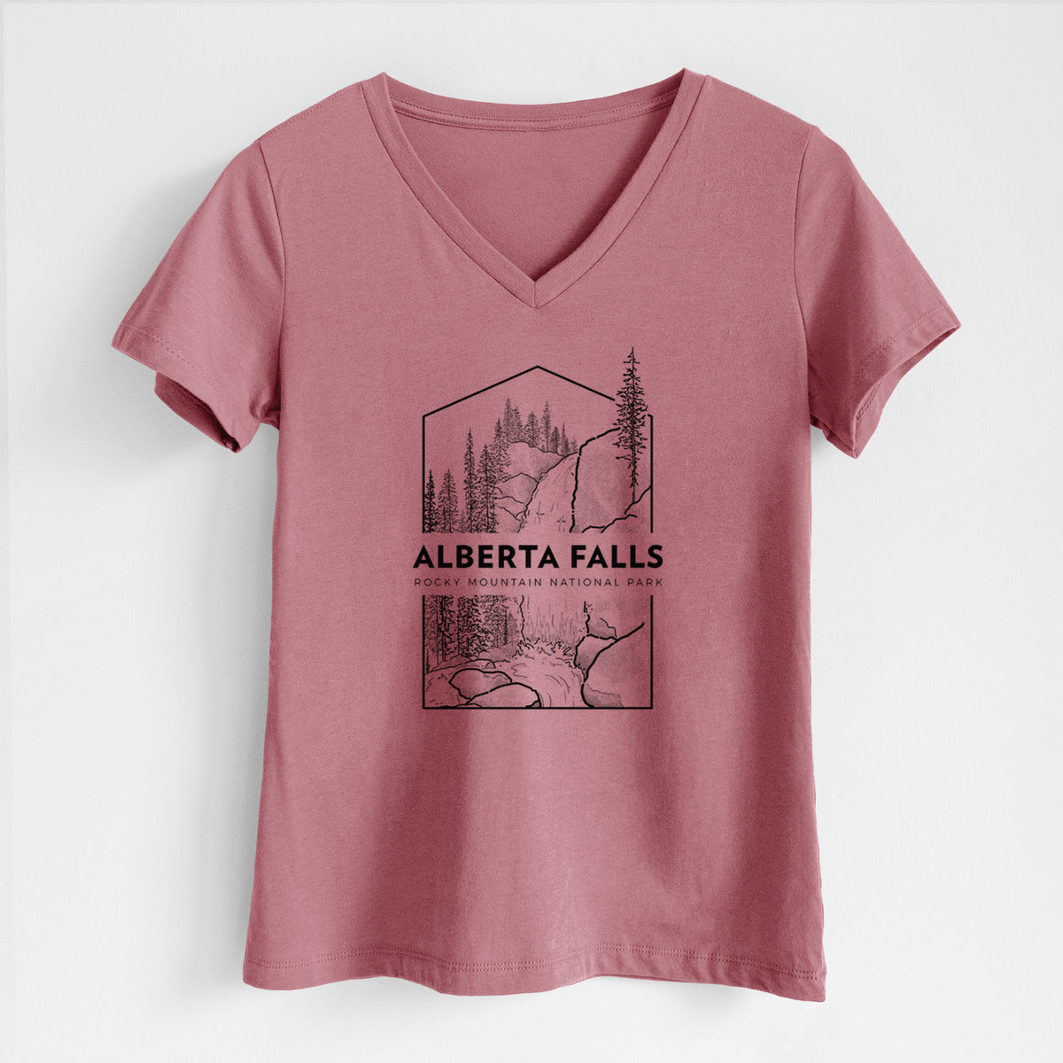 Mauve pink women's relaxed fit cotton V-neck t-shirt laid flat, printed with a black line art badge of Alberta Falls with pine trees, with the words Alberta Falls, Rocky Mountain National Park.