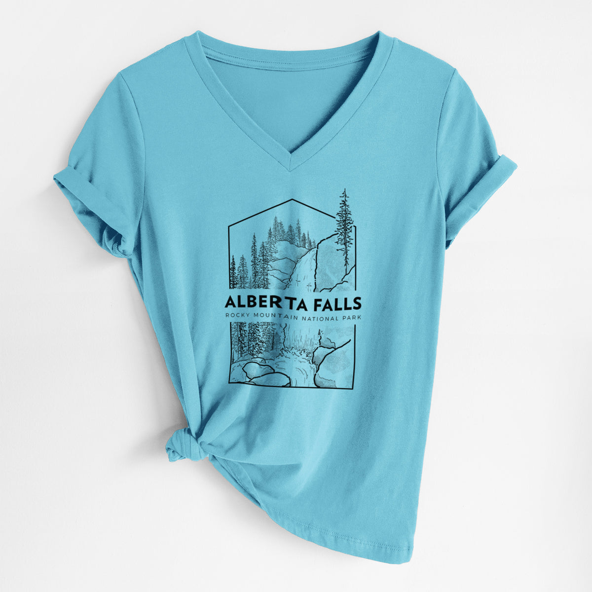 Turquoise women's relaxed fit cotton V-neck t-shirt laid flat, printed with a black line art badge of Alberta Falls with pine trees, with the words Alberta Falls, Rocky Mountain National Park.
