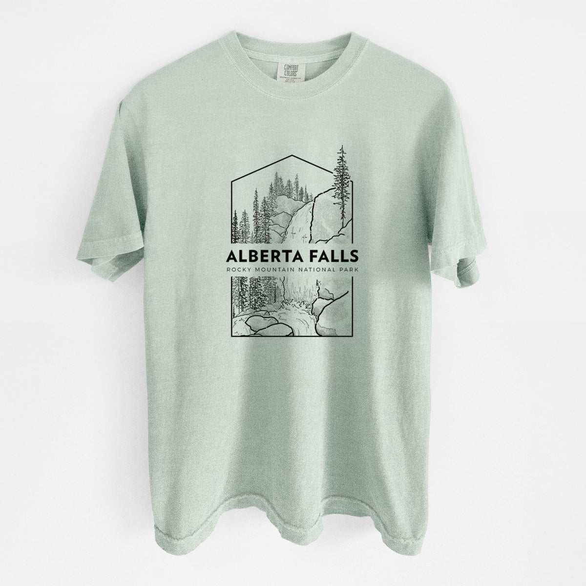 Bay green Comfort Colors t-shirt laid flat, printed with a black line art badge of Alberta Falls with pine trees, with the words Alberta Falls, Rocky Mountain National Park.