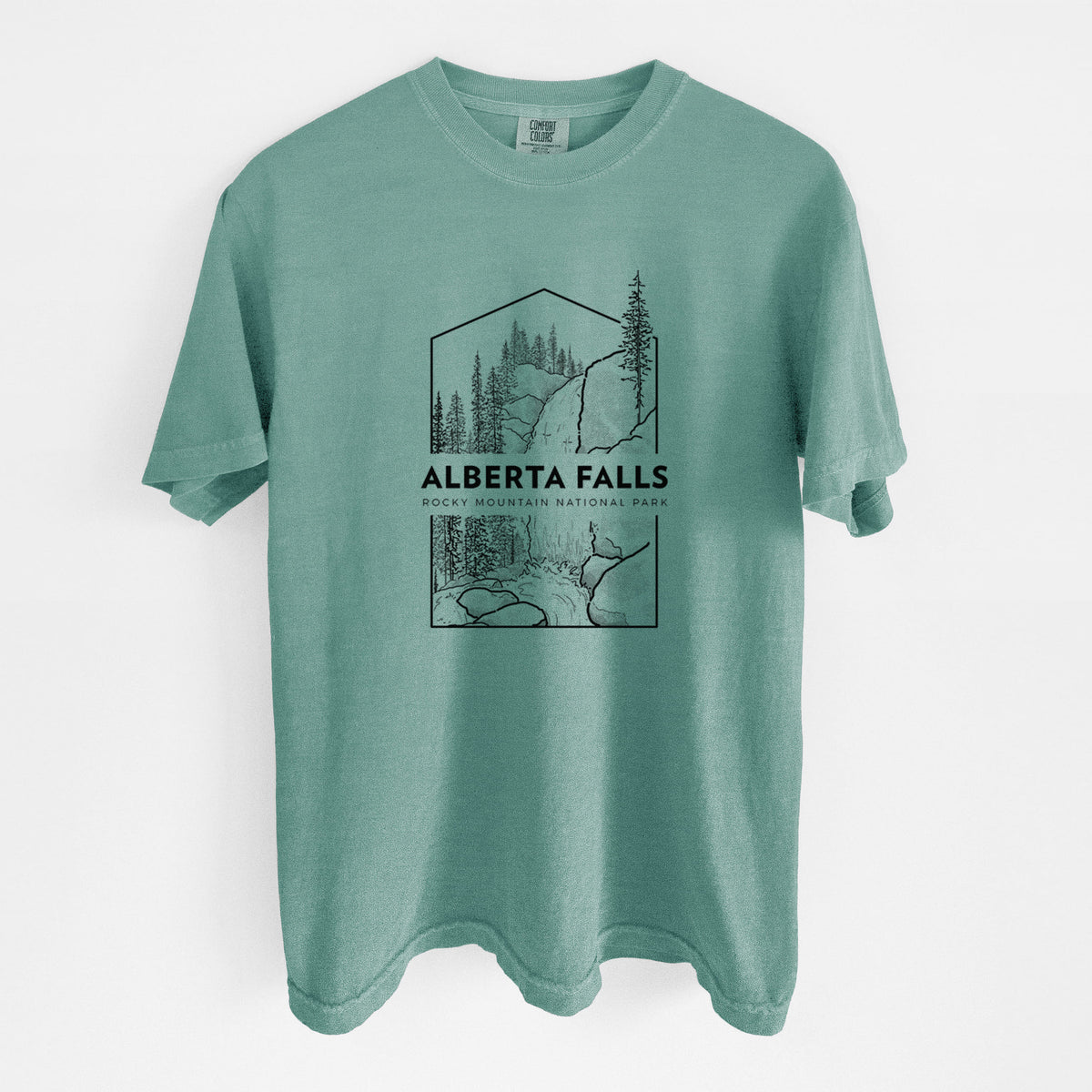 Reef green Comfort Colors t-shirt laid flat, printed with a black line art badge of Alberta Falls with pine trees, with the words Alberta Falls, Rocky Mountain National Park.