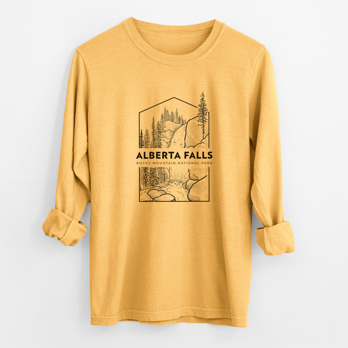 Golden wheat yellow Comfort Colors long sleeve shirt laid flat with the cuffs rolled, printed with a black line art badge of Alberta Falls with pine trees, with the words Alberta Falls, Rocky Mountain National Park.