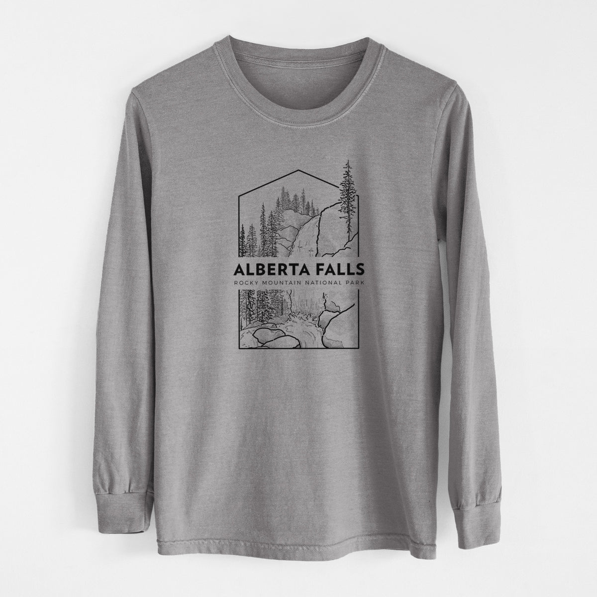 Grey Comfort Colors long sleeve shirt laid flat, printed with a black line art badge of Alberta Falls with pine trees, with the words Alberta Falls, Rocky Mountain National Park.