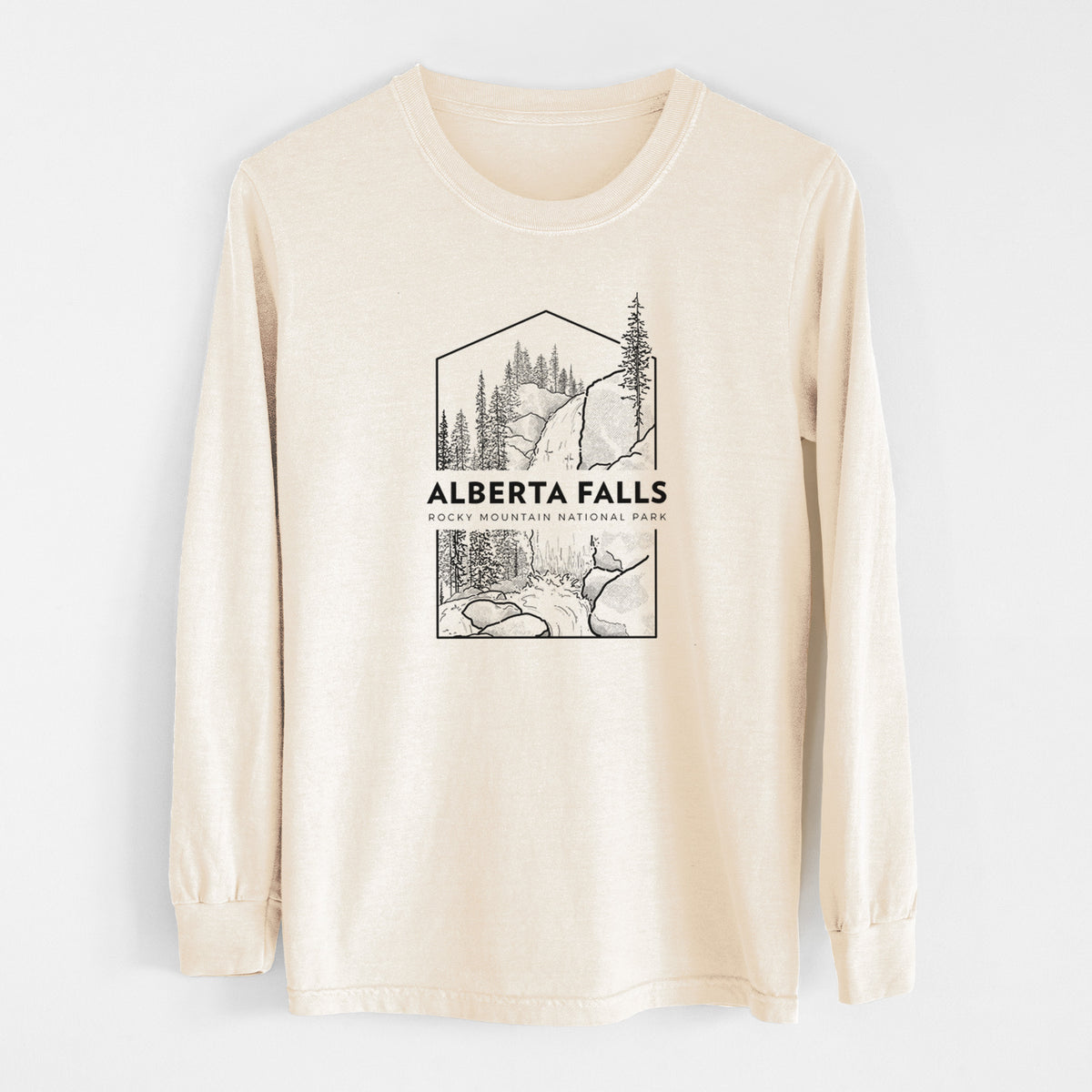 Ivory Comfort Colors long sleeve shirt laid flat, printed with a black line art badge of Alberta Falls with pine trees, with the words Alberta Falls, Rocky Mountain National Park.