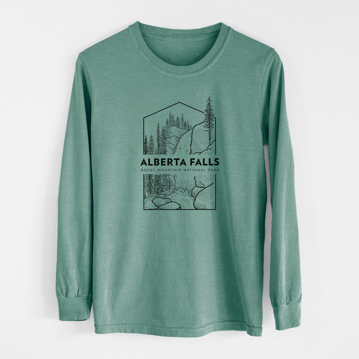 Pine green Comfort Colors long sleeve shirt laid flat, printed with a black line art badge of Alberta Falls with pine trees, with the words Alberta Falls, Rocky Mountain National Park.