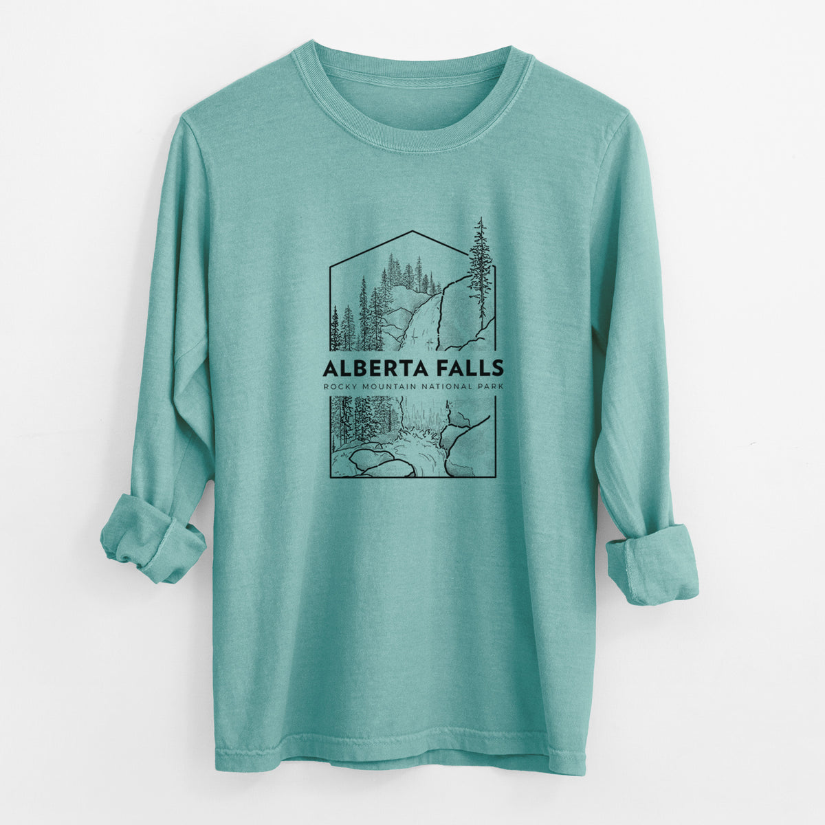 Reef green Comfort Colors long sleeve shirt laid flat with the cuffs rolled, printed with a black line art badge of Alberta Falls with pine trees, with the words Alberta Falls, Rocky Mountain National Park.