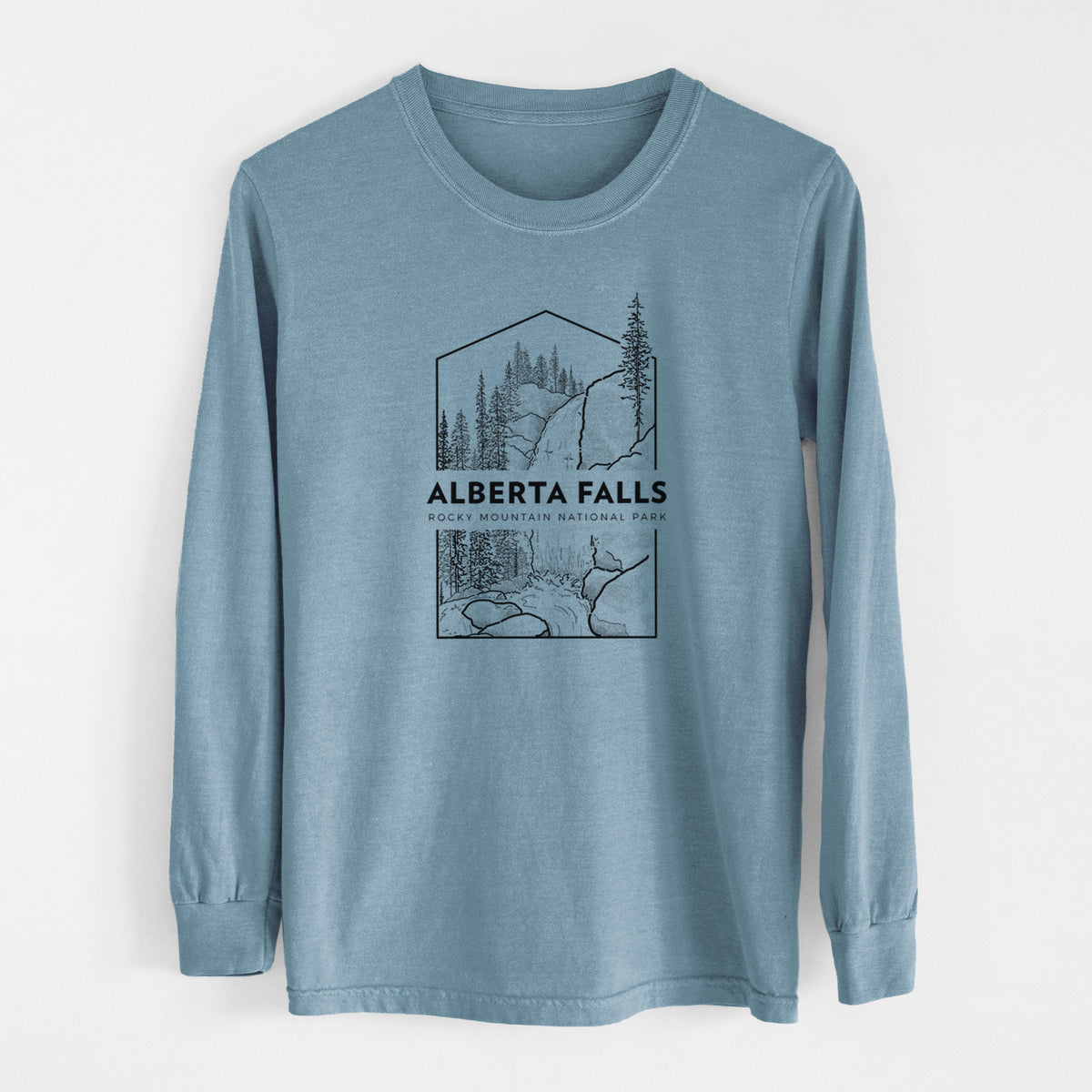 Steel blue Comfort Colors long sleeve shirt laid flat, printed with a black line art badge of Alberta Falls with pine trees, with the words Alberta Falls, Rocky Mountain National Park.