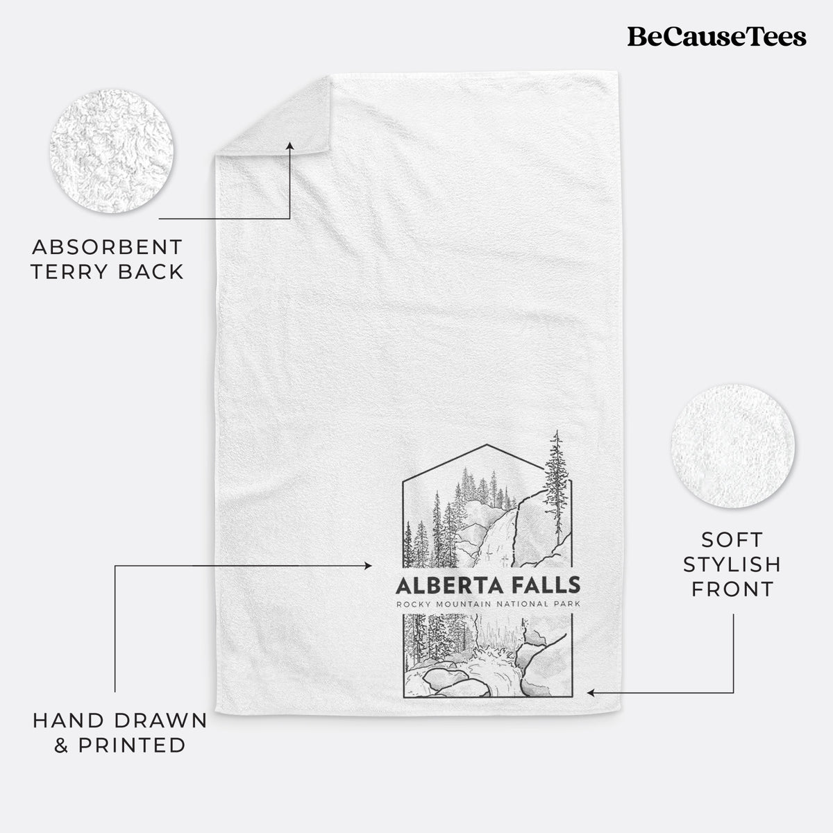 White hand towel printed with a black line art badge of Alberta Falls with pine trees, with the words Alberta Falls, Rocky Mountain National Park.