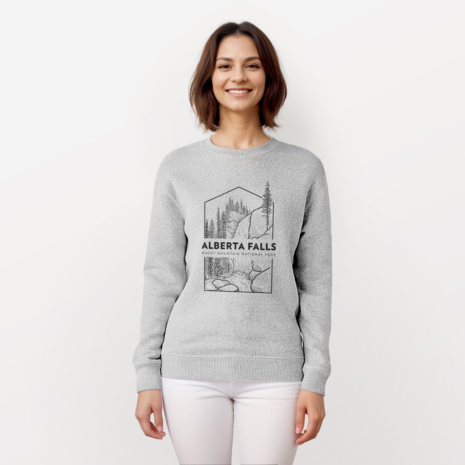 Salt and pepper knit sweatshirt laid flat, printed with a black line art badge of Alberta Falls with pine trees, with the words Alberta Falls, Rocky Mountain National Park.
