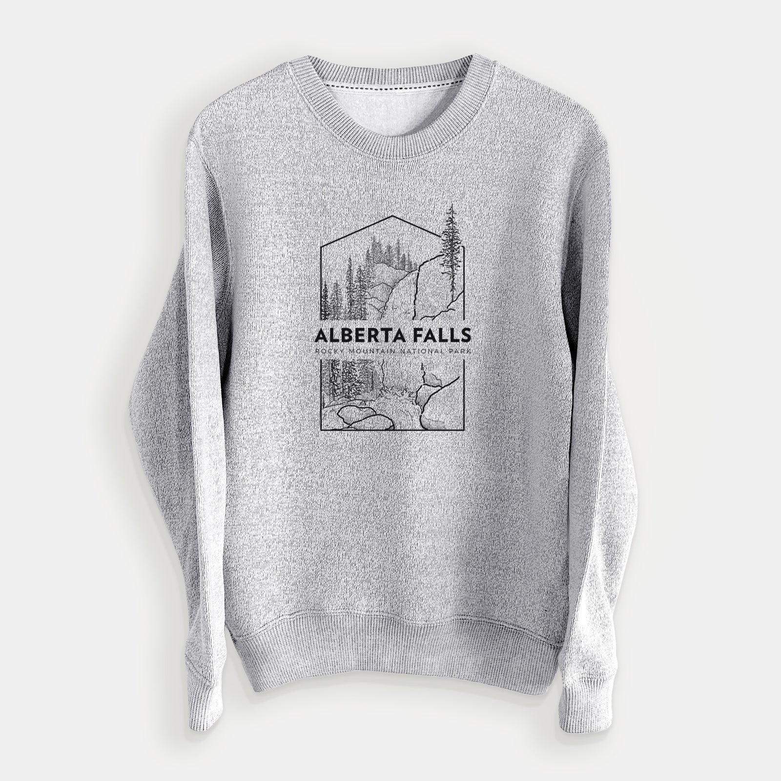 Salt and pepper knit sweatshirt laid flat, printed with a black line art badge of Alberta Falls with pine trees, with the words Alberta Falls, Rocky Mountain National Park.