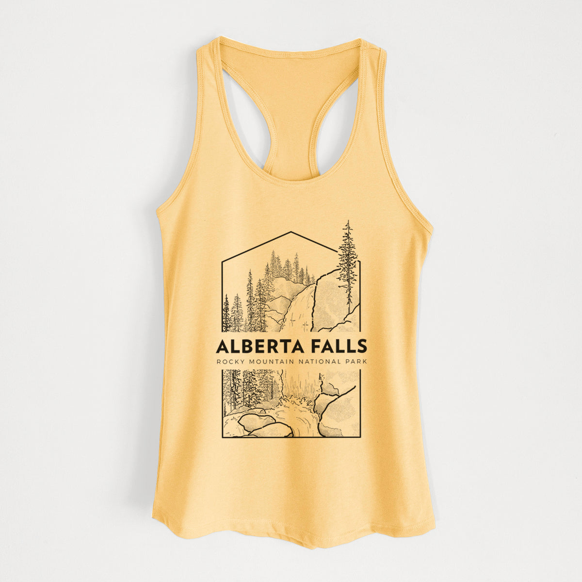 Banana cream women's racerback tank top laid flat, printed with a black line art badge of Alberta Falls with pine trees, with the words Alberta Falls, Rocky Mountain National Park.