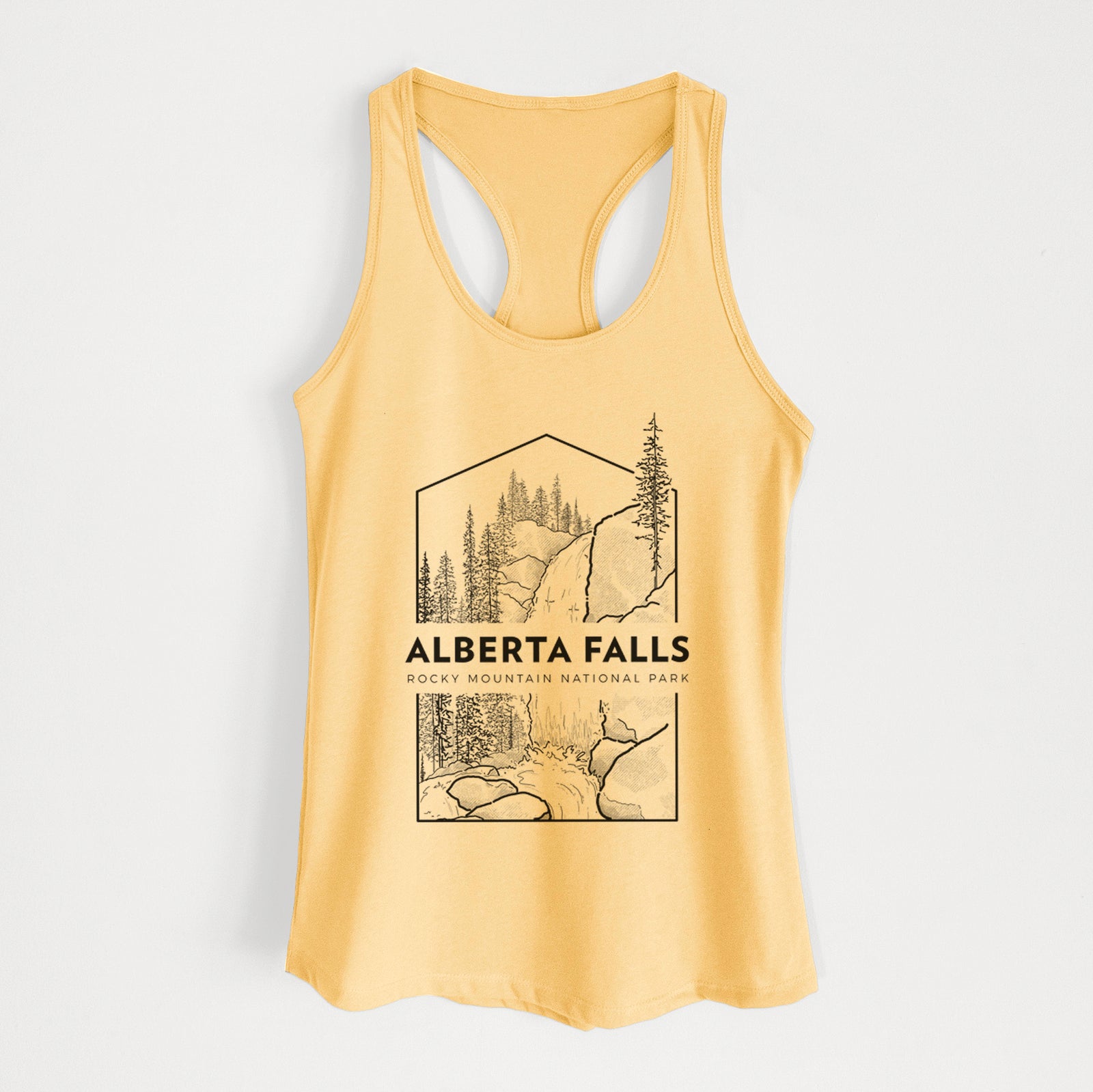 Banana cream women's racerback tank top laid flat, printed with a black line art badge of Alberta Falls with pine trees, with the words Alberta Falls, Rocky Mountain National Park.