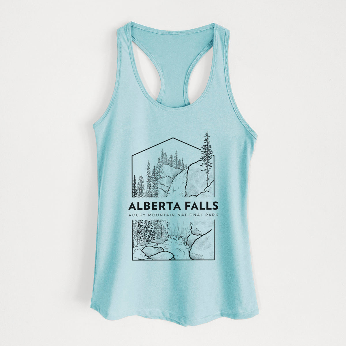 Cancun blue women's racerback tank top laid flat, printed with a black line art badge of Alberta Falls with pine trees, with the words Alberta Falls, Rocky Mountain National Park.