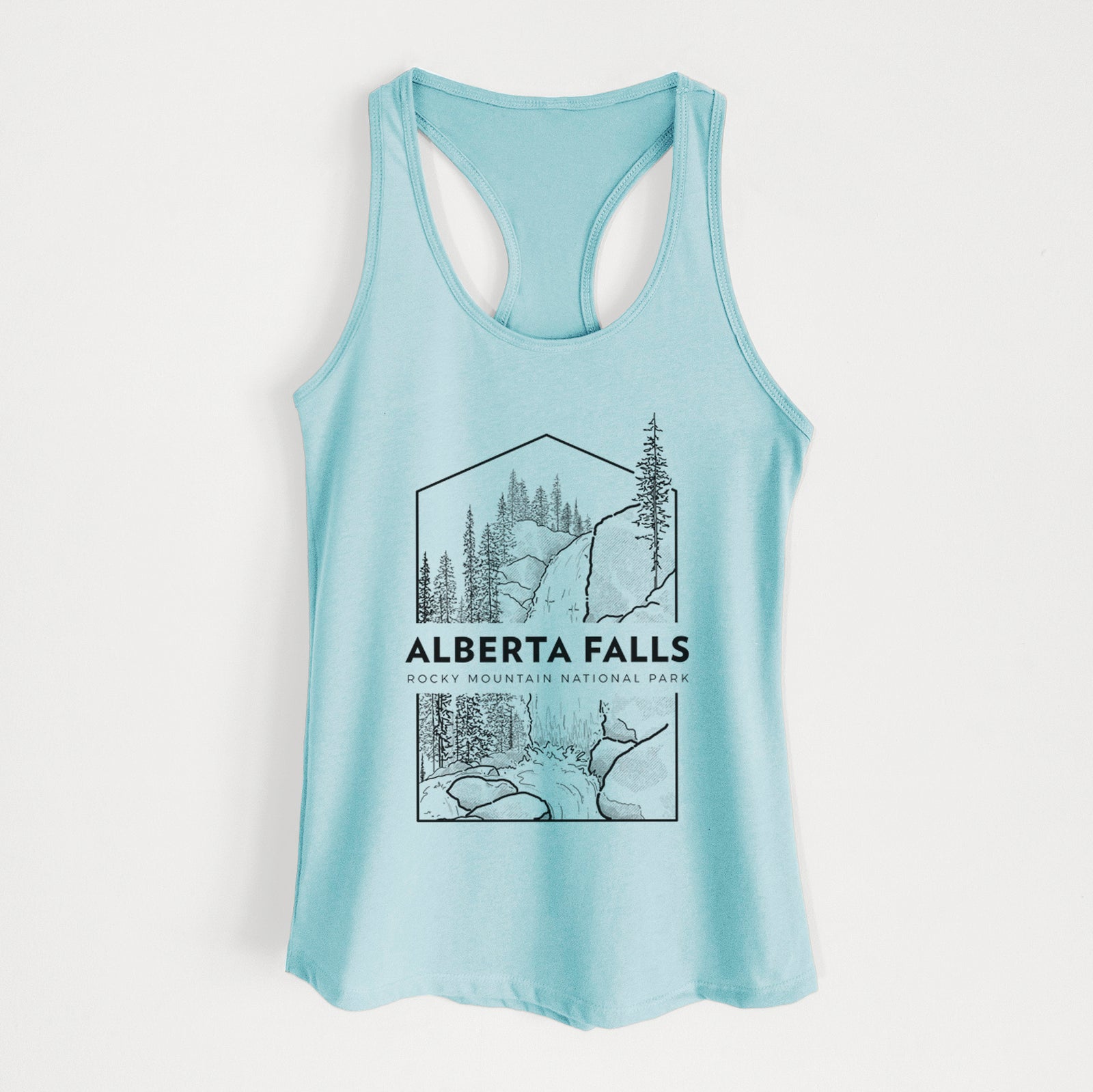 Banana cream women's racerback tank top laid flat, printed with a black line art badge of Alberta Falls with pine trees, with the words Alberta Falls, Rocky Mountain National Park.