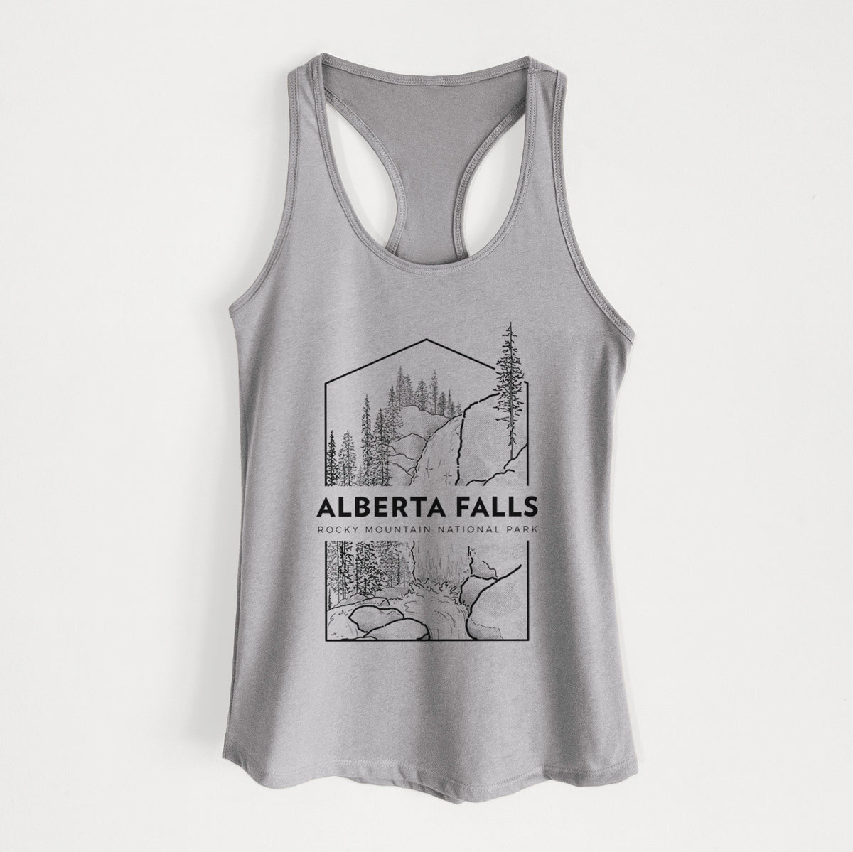 Heather grey women's racerback tank top laid flat, printed with a black line art badge of Alberta Falls with pine trees, with the words Alberta Falls, Rocky Mountain National Park.