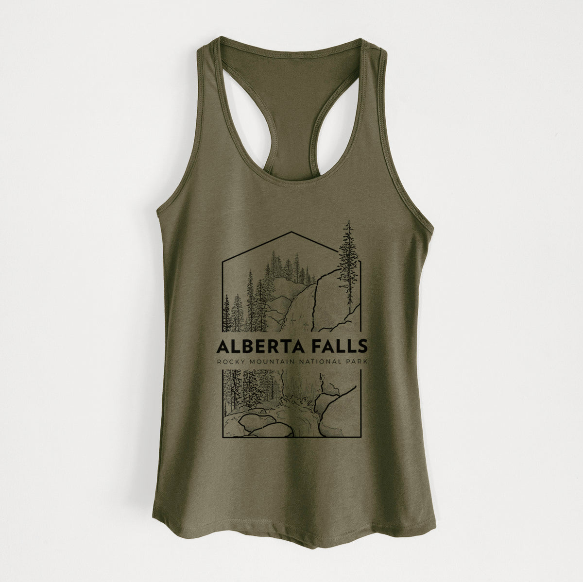 Military green women's racerback tank top laid flat, printed with a black line art badge of Alberta Falls with pine trees, with the words Alberta Falls, Rocky Mountain National Park.