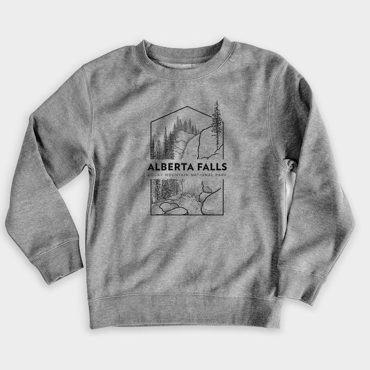 Nickel grey youth crewneck sweatshirt laid flat, printed with a black line art badge of Alberta Falls with pine trees, with the words Alberta Falls, Rocky Mountain National Park.