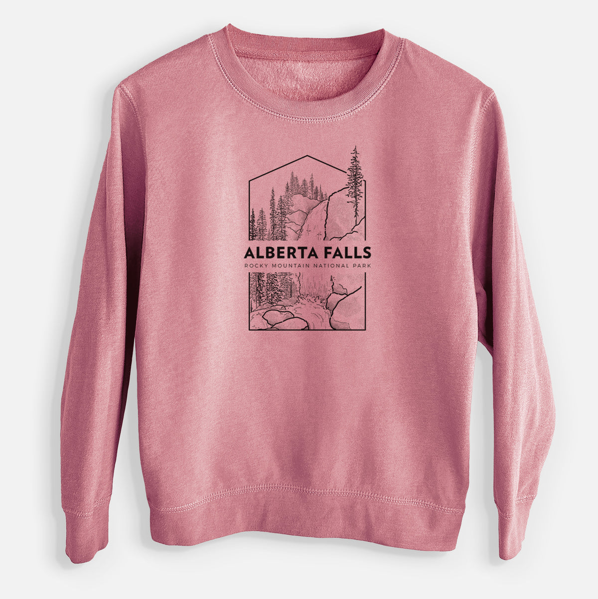Mauve pink youth crewneck sweatshirt laid flat, printed with a black line art badge of Alberta Falls with pine trees, with the words Alberta Falls, Rocky Mountain National Park.