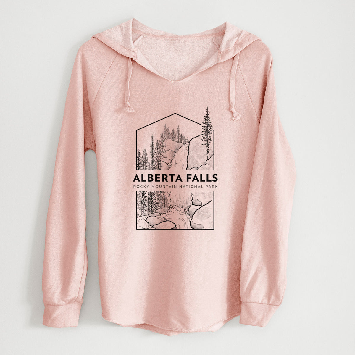 Blush pink women's Cali Wave hooded sweatshirt laid flat, printed with a black line art badge of Alberta Falls with pine trees, with the words Alberta Falls, Rocky Mountain National Park.