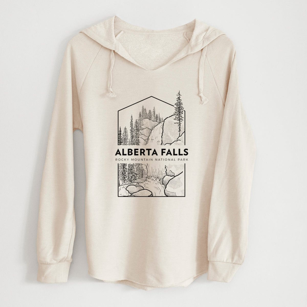 Bone cream women's Cali Wave hooded sweatshirt laid flat, printed with a black line art badge of Alberta Falls with pine trees, with the words Alberta Falls, Rocky Mountain National Park.