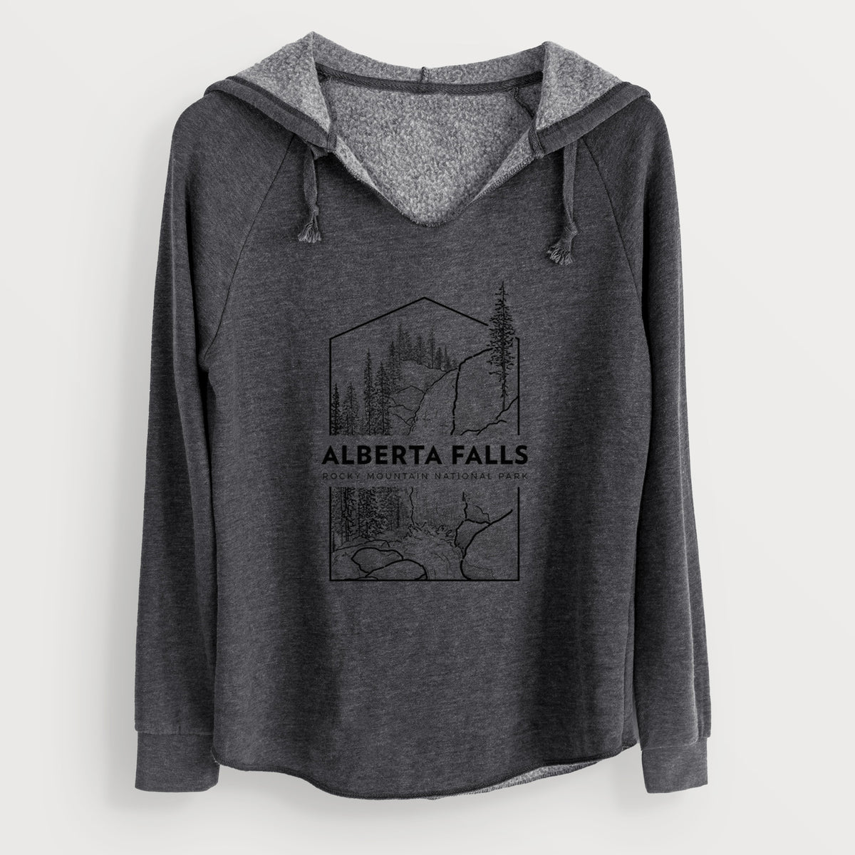 Charcoal grey women's Cali Wave hooded sweatshirt laid flat, printed with a black line art badge of Alberta Falls with pine trees, with the words Alberta Falls, Rocky Mountain National Park.
