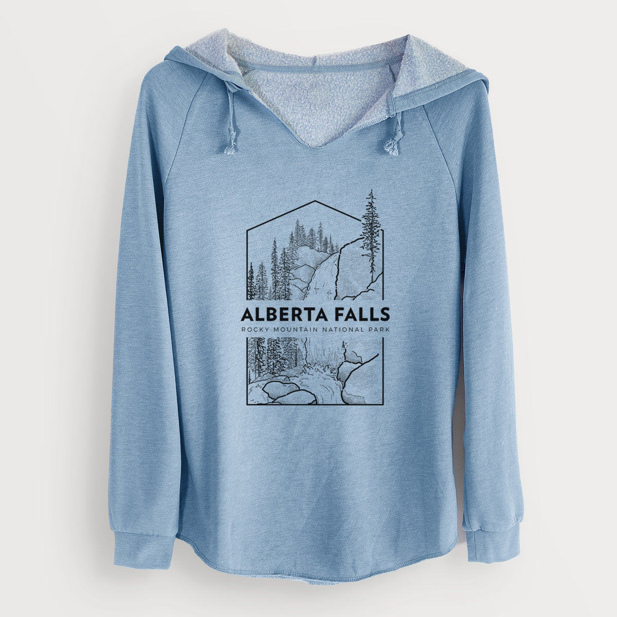 Misty blue women's Cali Wave hooded sweatshirt laid flat, printed with a black line art badge of Alberta Falls with pine trees, with the words Alberta Falls, Rocky Mountain National Park.