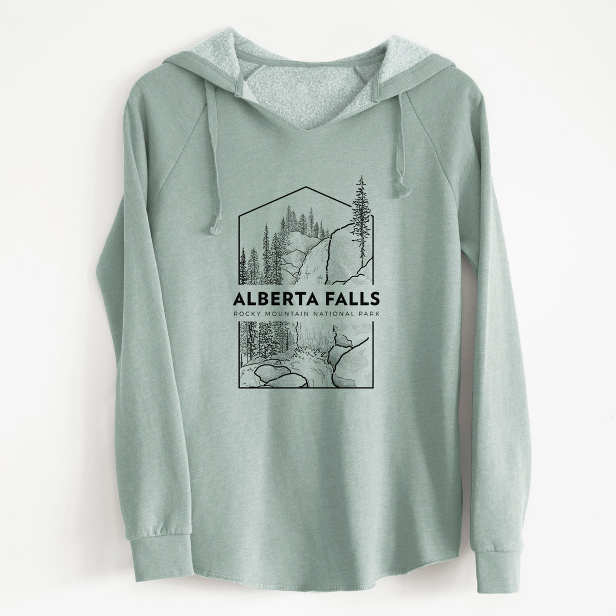 Sage green women's Cali Wave hooded sweatshirt laid flat, printed with a black line art badge of Alberta Falls with pine trees, with the words Alberta Falls, Rocky Mountain National Park.