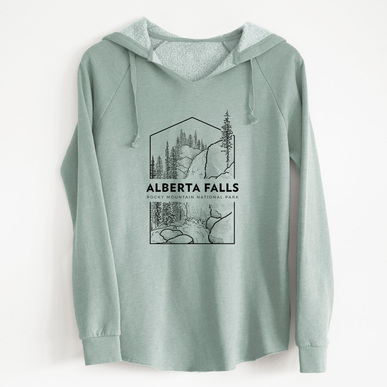 Sage green women's Cali Wave hooded sweatshirt laid flat, printed with a black line art badge of Alberta Falls with pine trees, with the words Alberta Falls, Rocky Mountain National Park.