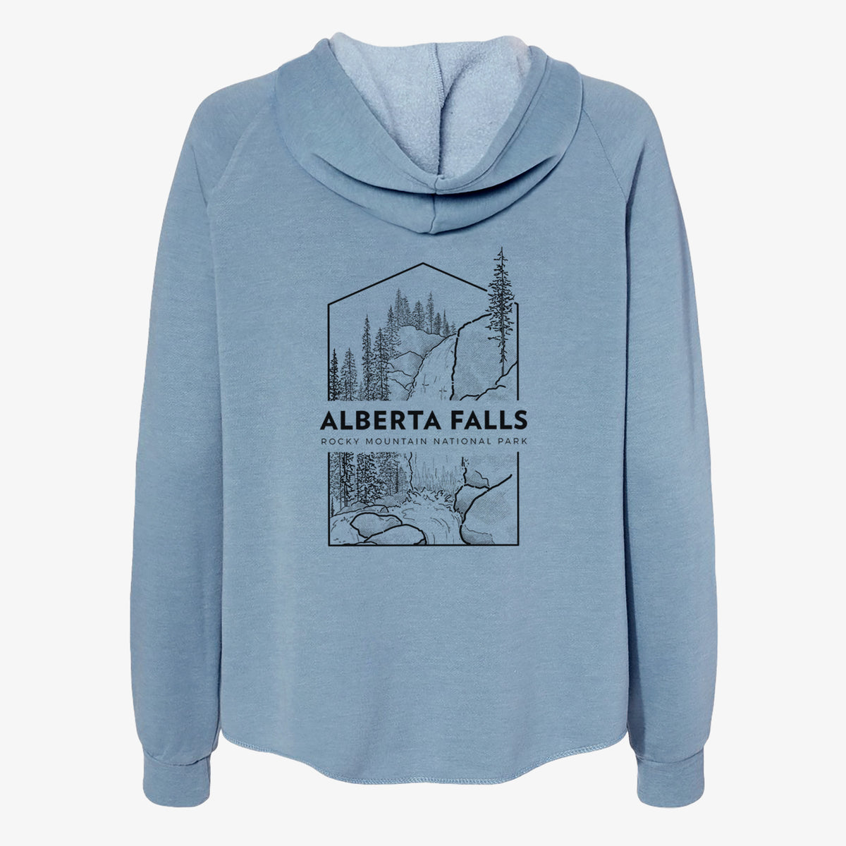 Misty blue women's Cali Wave zip-up sweatshirt laid flat, printed with a black line art badge of Alberta Falls with pine trees, with the words Alberta Falls, Rocky Mountain National Park.