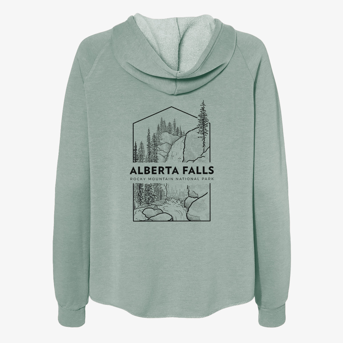Sage green women's Cali Wave zip-up sweatshirt laid flat, printed with a black line art badge of Alberta Falls with pine trees, with the words Alberta Falls, Rocky Mountain National Park.