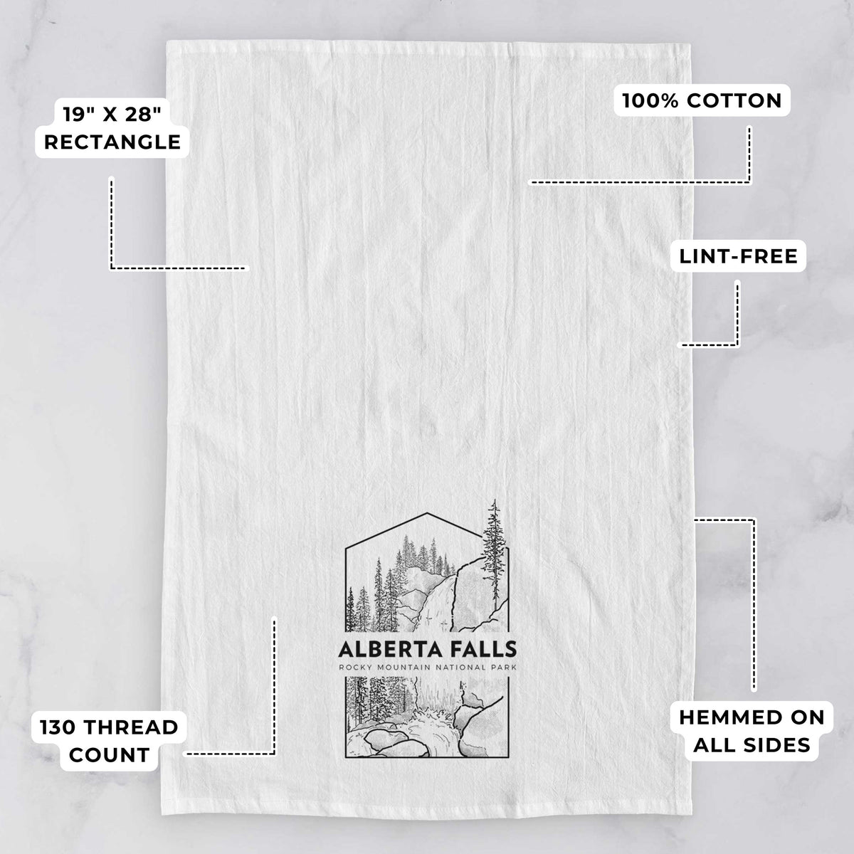 White tea towel printed with a black line art badge of Alberta Falls with pine trees, with the words Alberta Falls, Rocky Mountain National Park, with feature labels: 19 by 28 inch rectangle, 100% cotton, lint-free, 130 thread count, hemmed on all sides.