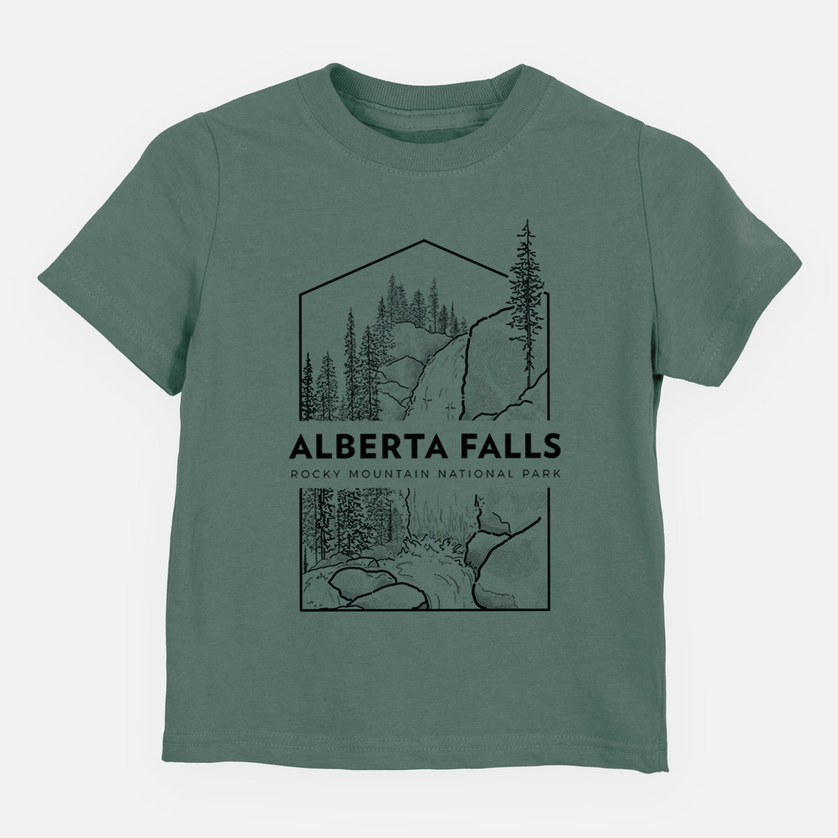 Basil green toddler t-shirt laid flat, printed with a black line art badge of Alberta Falls with pine trees, with the words Alberta Falls, Rocky Mountain National Park.