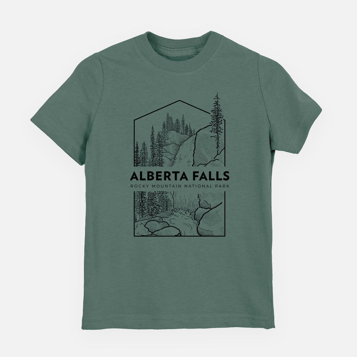 Basil green youth t-shirt laid flat, printed with a black line art badge of Alberta Falls with pine trees, with the words Alberta Falls, Rocky Mountain National Park.