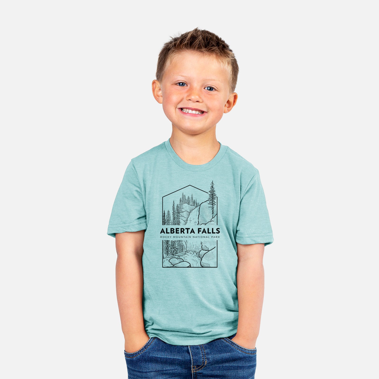Two youth t-shirts in different colors on hangers, printed with a black line art badge of Alberta Falls with pine trees, with the words Alberta Falls, Rocky Mountain National Park.