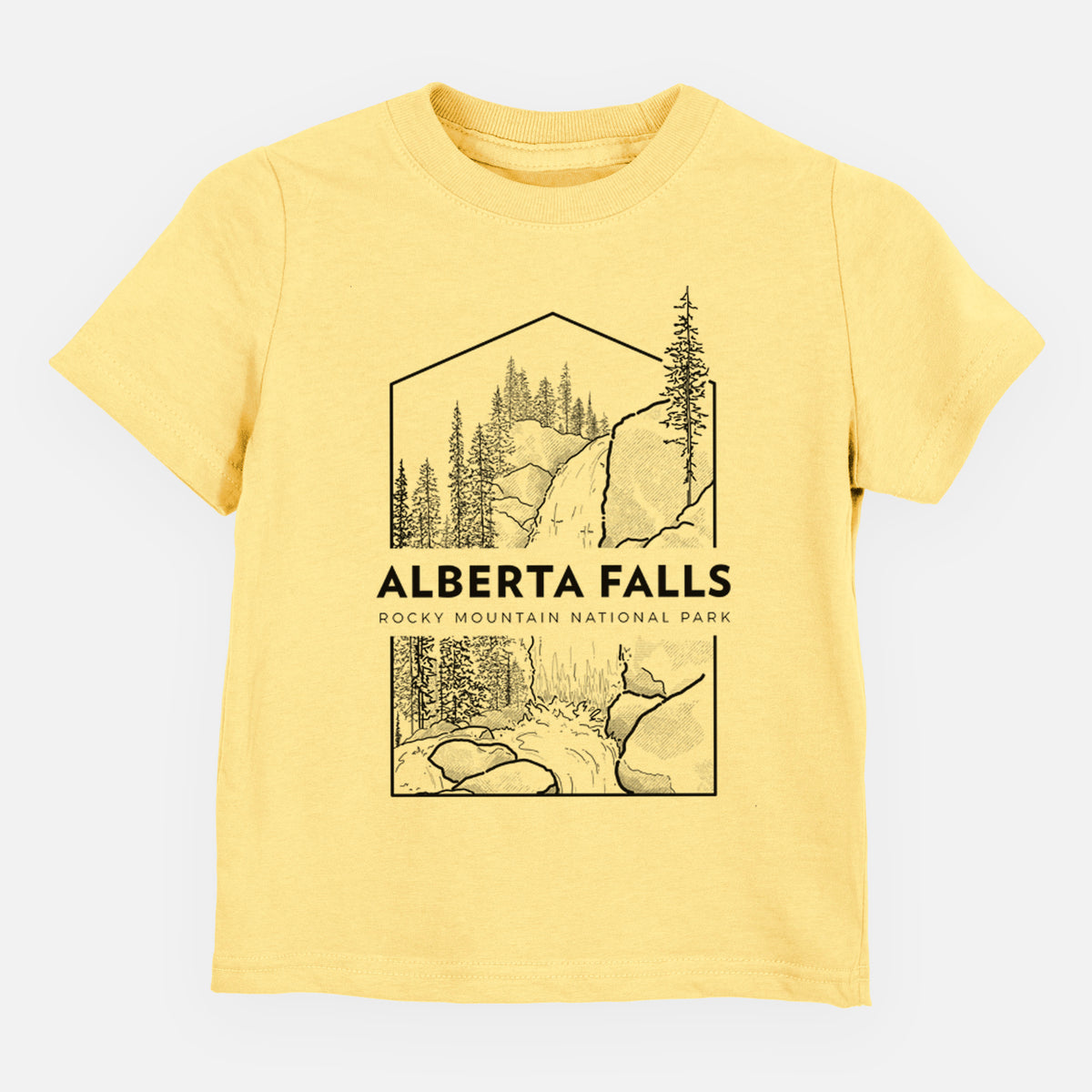 Butter yellow toddler t-shirt laid flat, printed with a black line art badge of Alberta Falls with pine trees, with the words Alberta Falls, Rocky Mountain National Park.