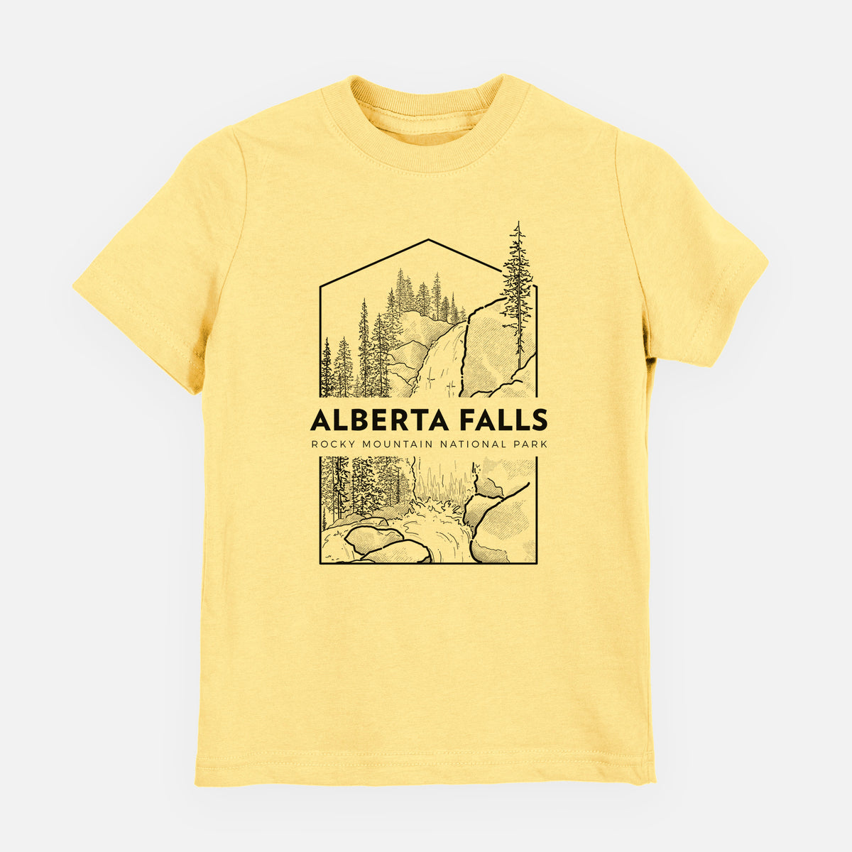 Butter yellow youth t-shirt laid flat, printed with a black line art badge of Alberta Falls with pine trees, with the words Alberta Falls, Rocky Mountain National Park.