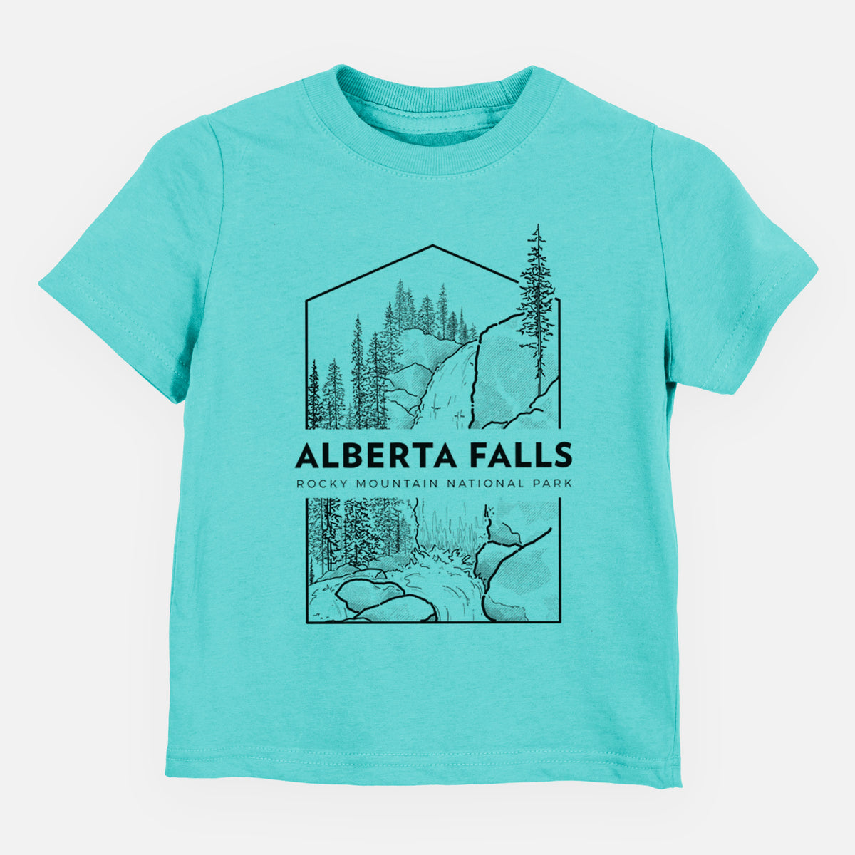Caribbean blue toddler t-shirt laid flat, printed with a black line art badge of Alberta Falls with pine trees, with the words Alberta Falls, Rocky Mountain National Park.