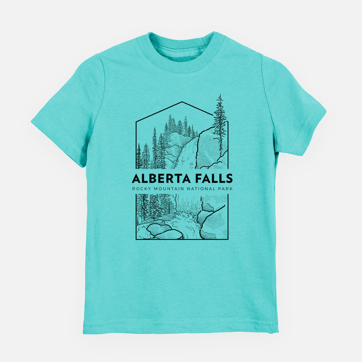 Caribbean blue youth t-shirt laid flat, printed with a black line art badge of Alberta Falls with pine trees, with the words Alberta Falls, Rocky Mountain National Park.