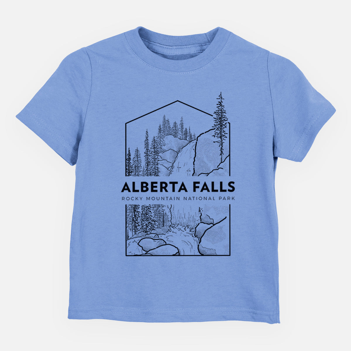 Carolina blue toddler t-shirt laid flat, printed with a black line art badge of Alberta Falls with pine trees, with the words Alberta Falls, Rocky Mountain National Park.