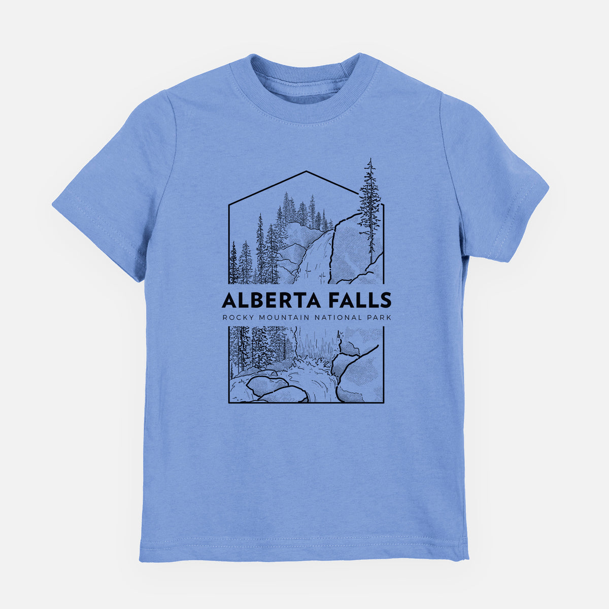 Carolina blue youth t-shirt laid flat, printed with a black line art badge of Alberta Falls with pine trees, with the words Alberta Falls, Rocky Mountain National Park.