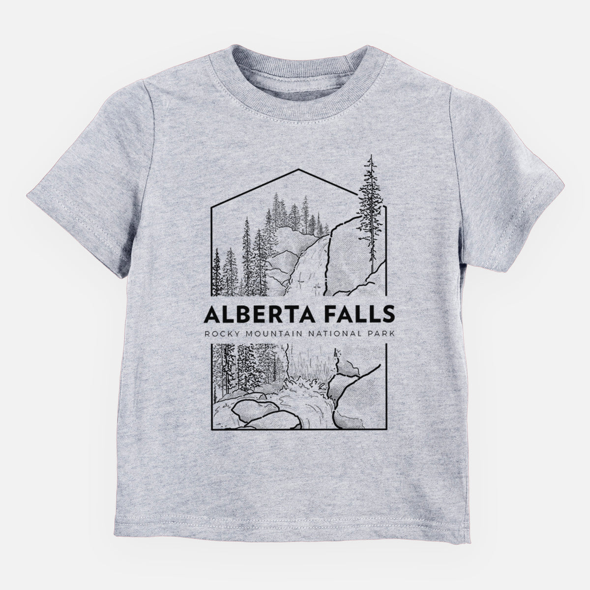 Heather grey toddler t-shirt laid flat, printed with a black line art badge of Alberta Falls with pine trees, with the words Alberta Falls, Rocky Mountain National Park.