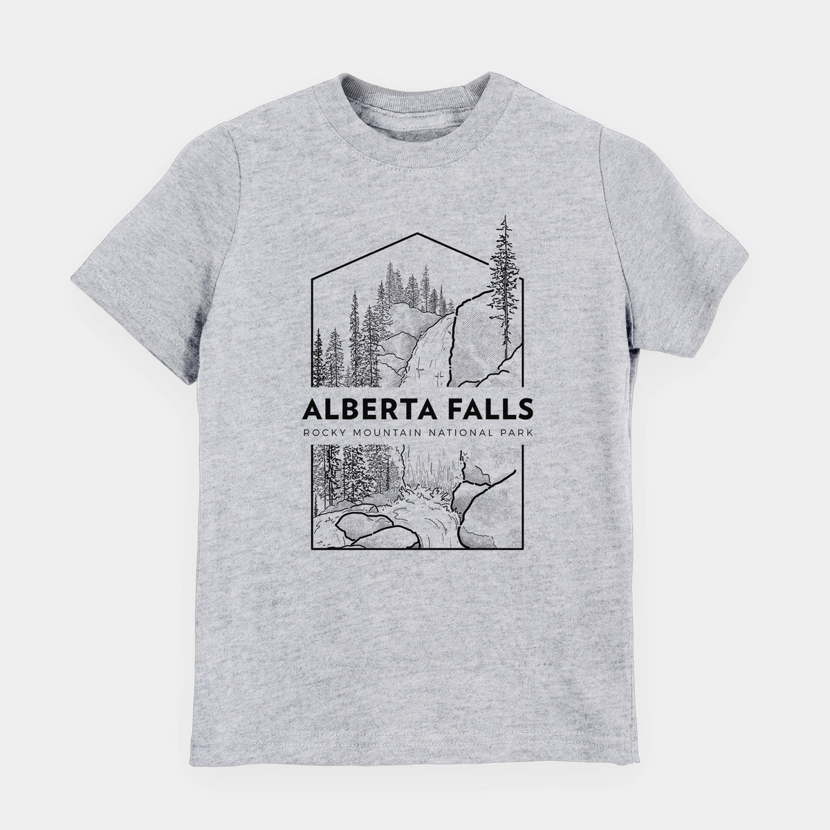 Heather grey youth t-shirt laid flat, printed with a black line art badge of Alberta Falls with pine trees, with the words Alberta Falls, Rocky Mountain National Park.