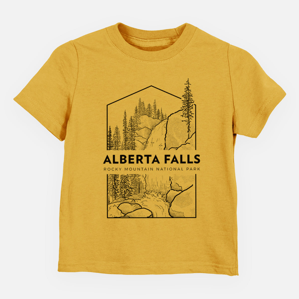 Honeycomb yellow toddler t-shirt laid flat, printed with a black line art badge of Alberta Falls with pine trees, with the words Alberta Falls, Rocky Mountain National Park.