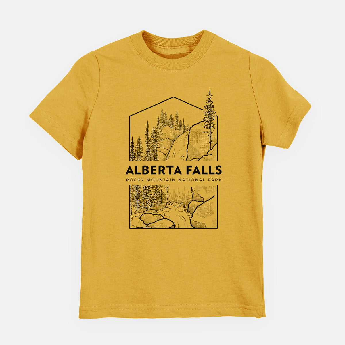 Honeycomb yellow youth t-shirt laid flat, printed with a black line art badge of Alberta Falls with pine trees, with the words Alberta Falls, Rocky Mountain National Park.