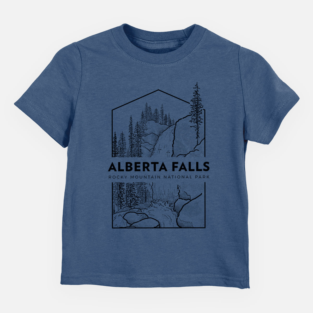 Indigo blue toddler t-shirt laid flat, printed with a black line art badge of Alberta Falls with pine trees, with the words Alberta Falls, Rocky Mountain National Park.