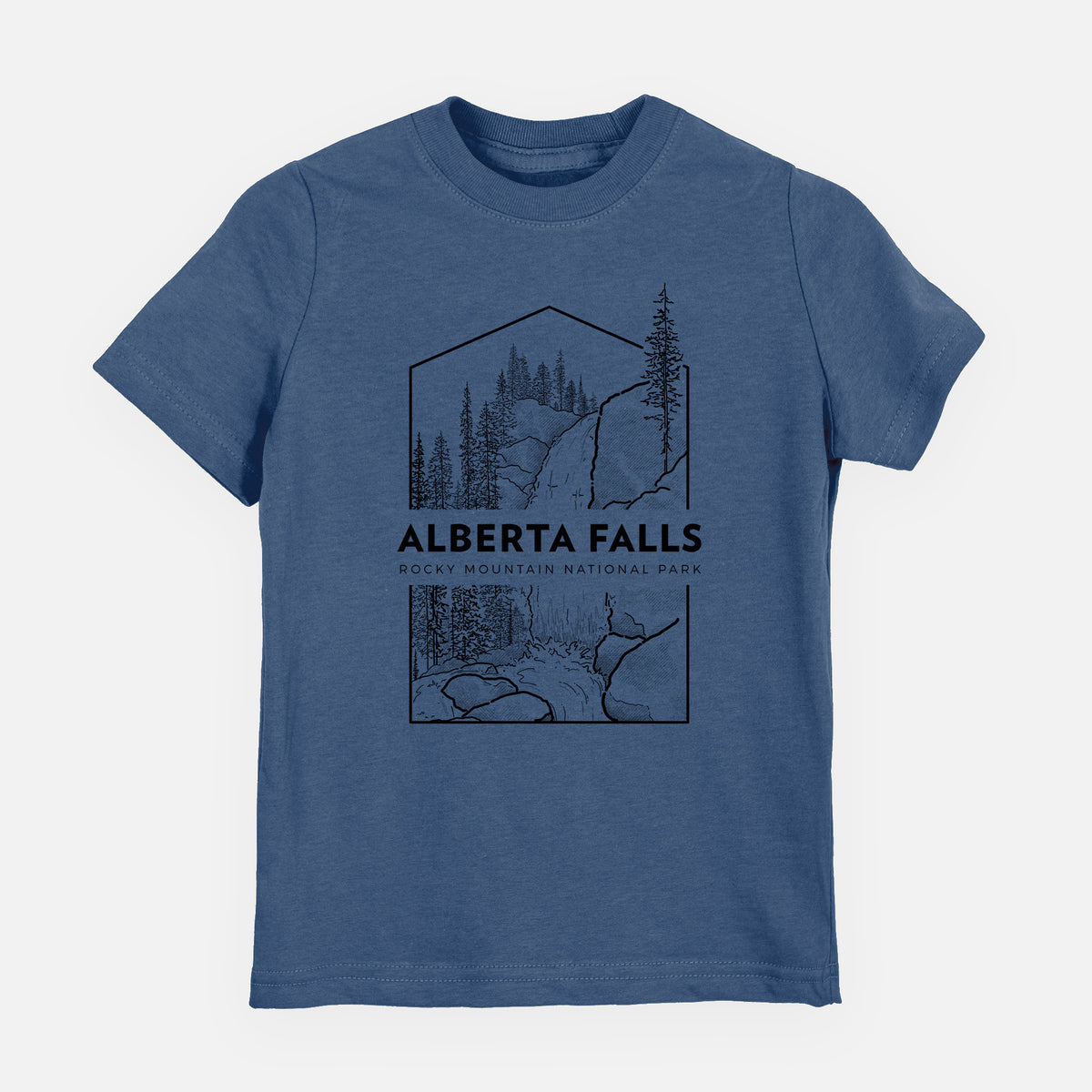 Indigo blue youth t-shirt laid flat, printed with a black line art badge of Alberta Falls with pine trees, with the words Alberta Falls, Rocky Mountain National Park.