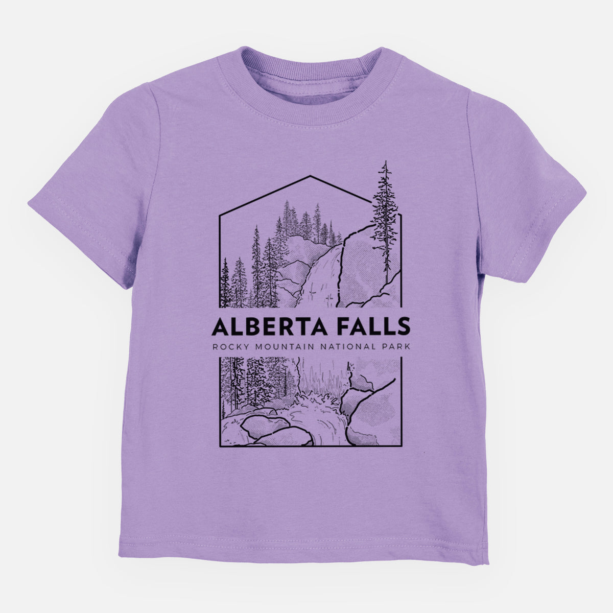 Lavender toddler t-shirt laid flat, printed with a black line art badge of Alberta Falls with pine trees, with the words Alberta Falls, Rocky Mountain National Park.